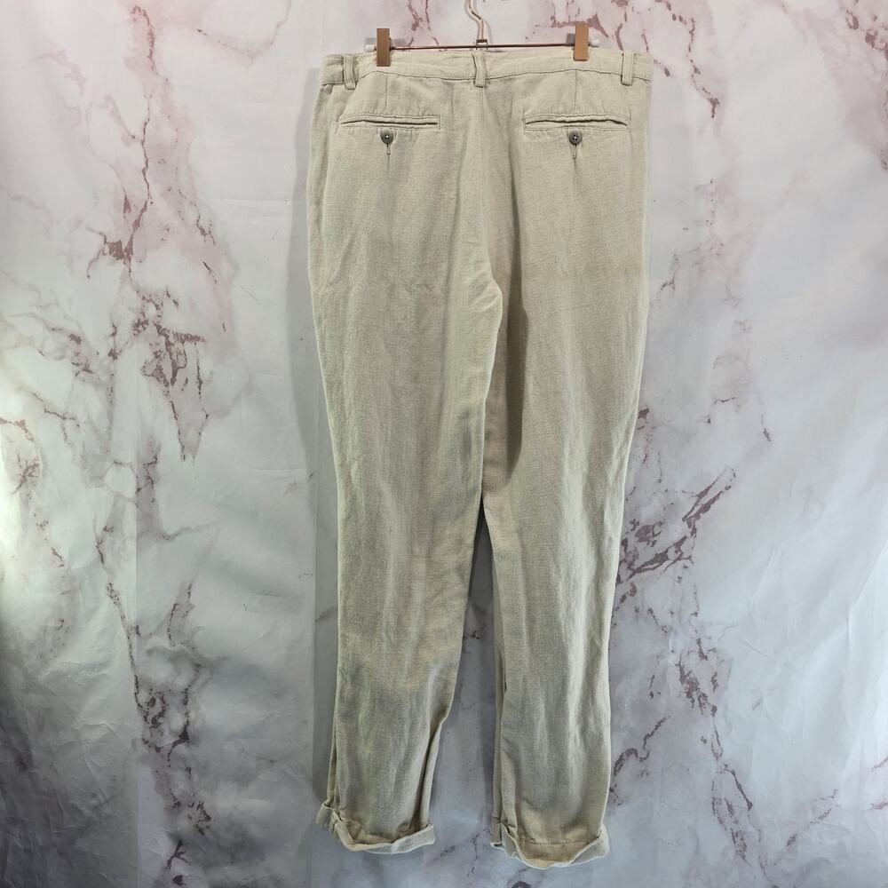Vintage Linen Pants Mens 34 X 31 Cream Cuffed Straight Chino Pleated